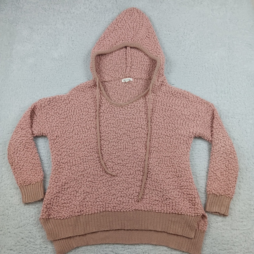 Miracle Hoodie Popcorn Knit Women S/M Pink Textured Relaxed Drawstring